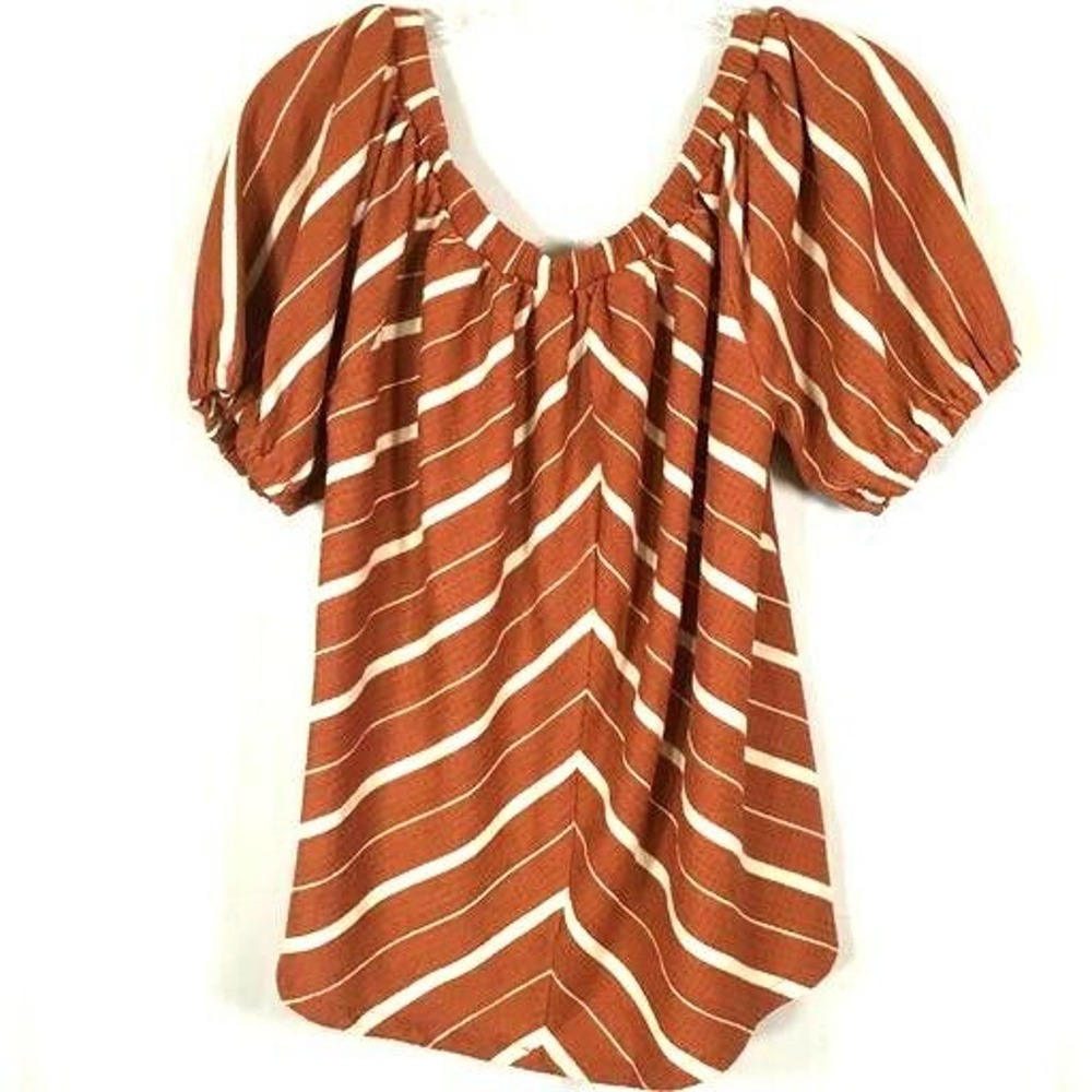 Anthropologie Shirt Womens Sz XS Rust Brown Striped Off The Shoulder Peasant Top